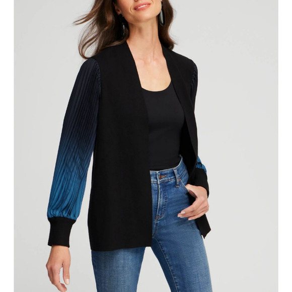 Chico's Cashmere Blend Pleated Sleeve Cardigan Sweater XXL / 4 Black Blue Open - Picture 1 of 9